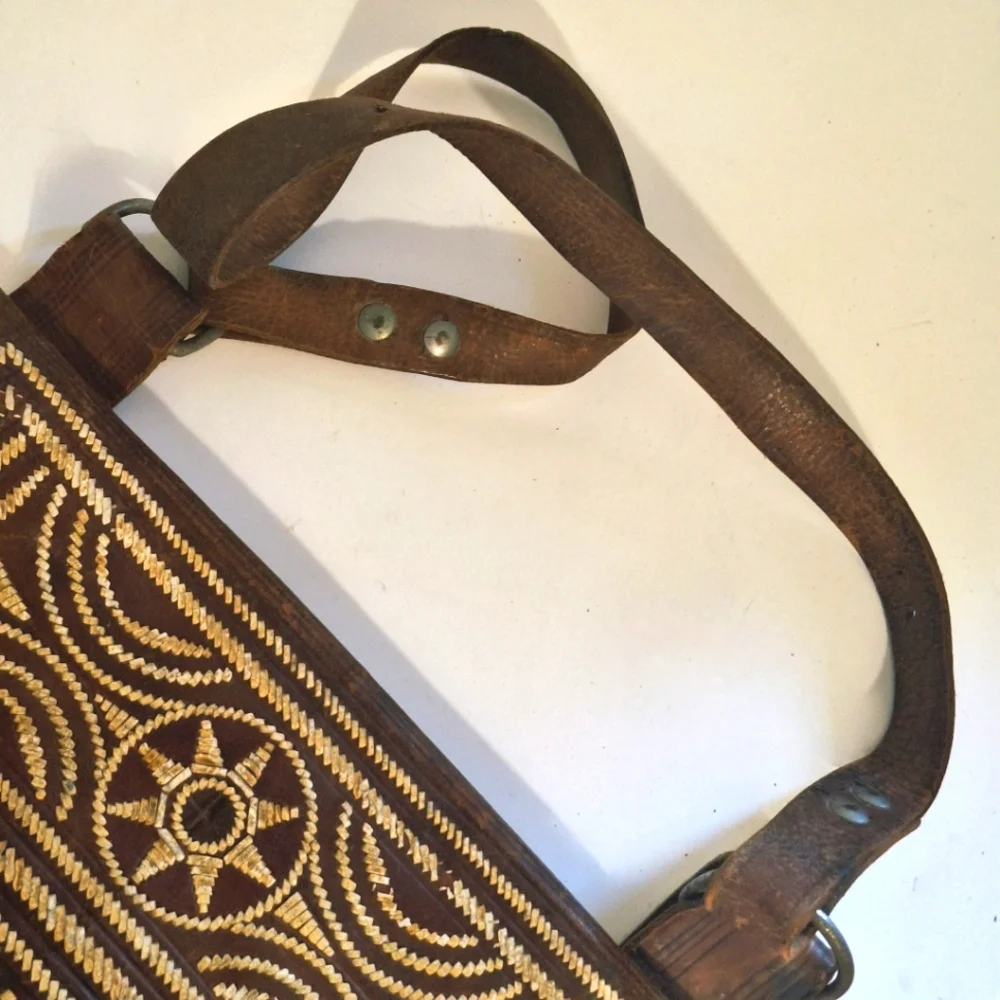 Antique Handmade Hide Leather Messenger Crossbody Bag Morrocan Style Embroidery